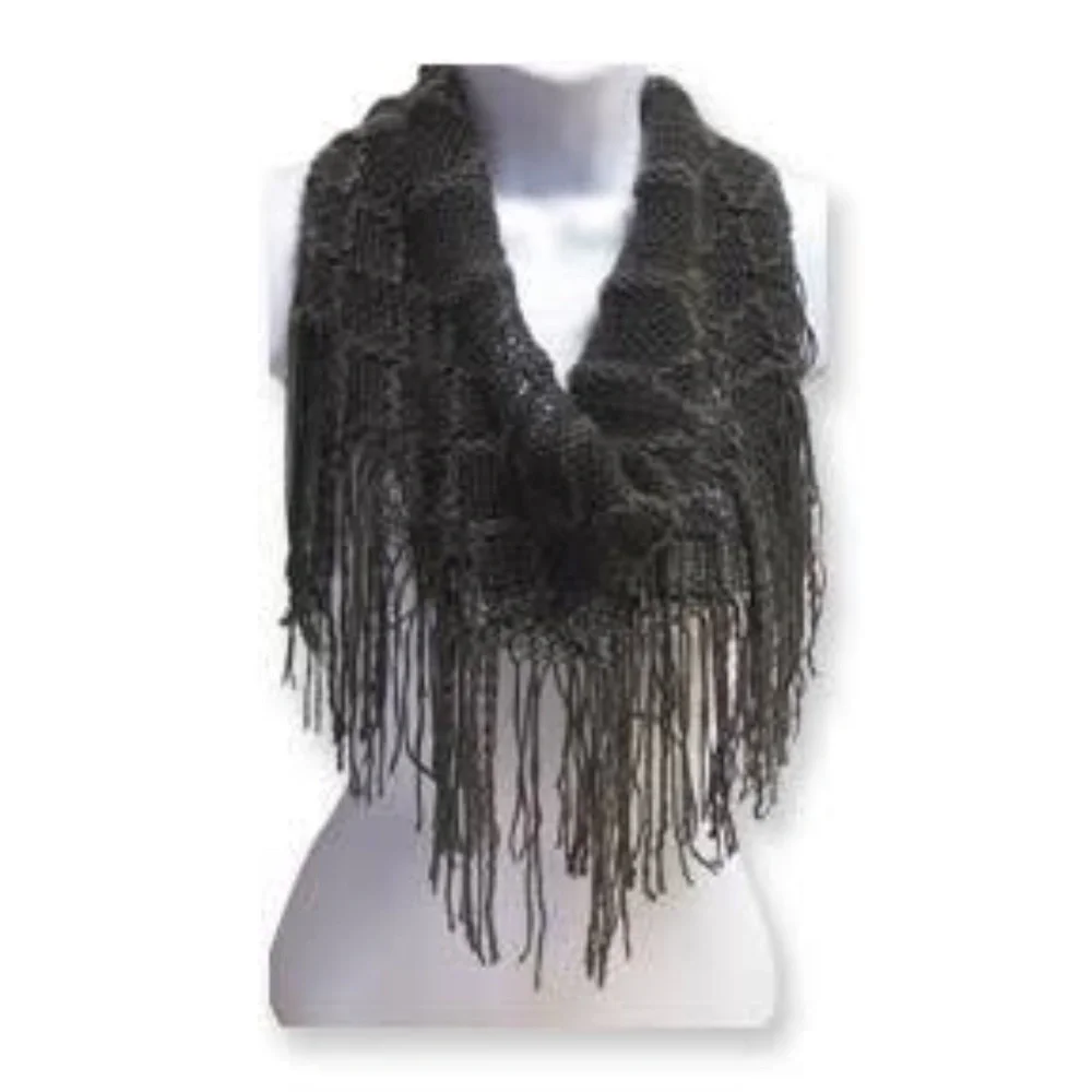 Britt's Knits Fringe Benefits Fringed Gray Knit Infinity Loop Circle Scarf Soft